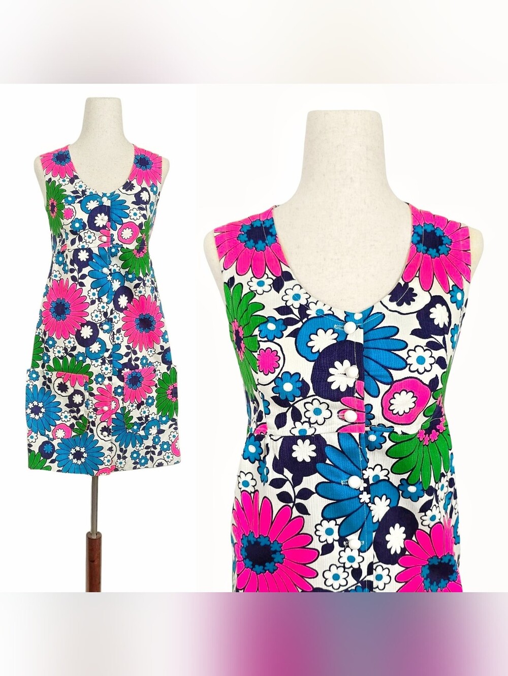 1960s Vintage Mini Dress 60s Flower Power Mod Shift Floral Babydoll XS Pockets